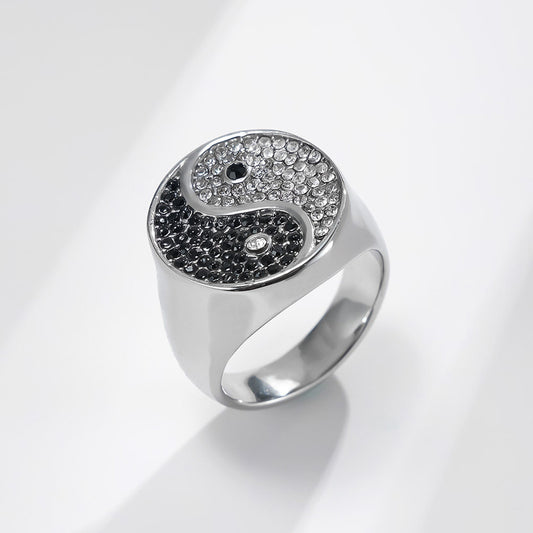 Yin-Yang Titanium Steel Ring – Black & White CZ, Symbol of Balance | Zen Ara Grove