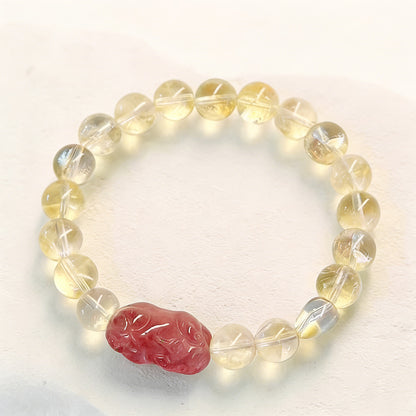Hand‑Carved Strawberry Quartz Pixiu with Citrine Beads — Meaning of Wealth & Positive Flow | Zen Ara Grove