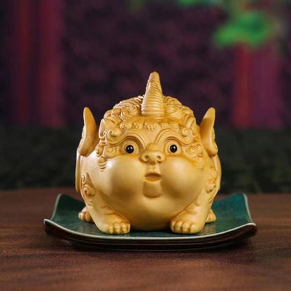 Cute Pixiu Boxwood Sculpture – Prosperity and Abundance Decorative Piece | Zen Ara Grove
