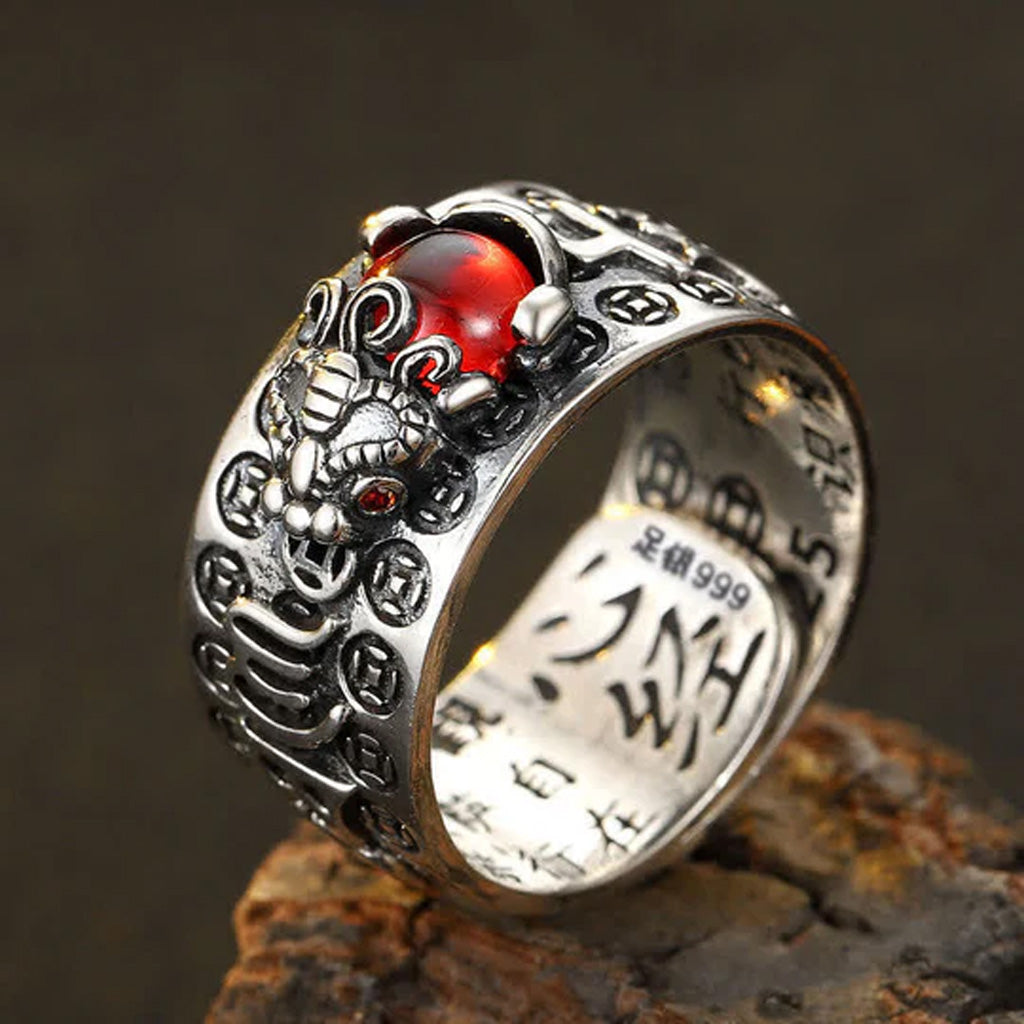 Garnet Pixiu Open Ring – Symbol of Wealth, Protection & Wisdom | Zen Ara Grove