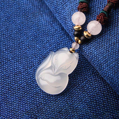 Adjustable Jade Cord Necklace – Carved Fox Pendant with Rose Quartz | Zen Ara Grove