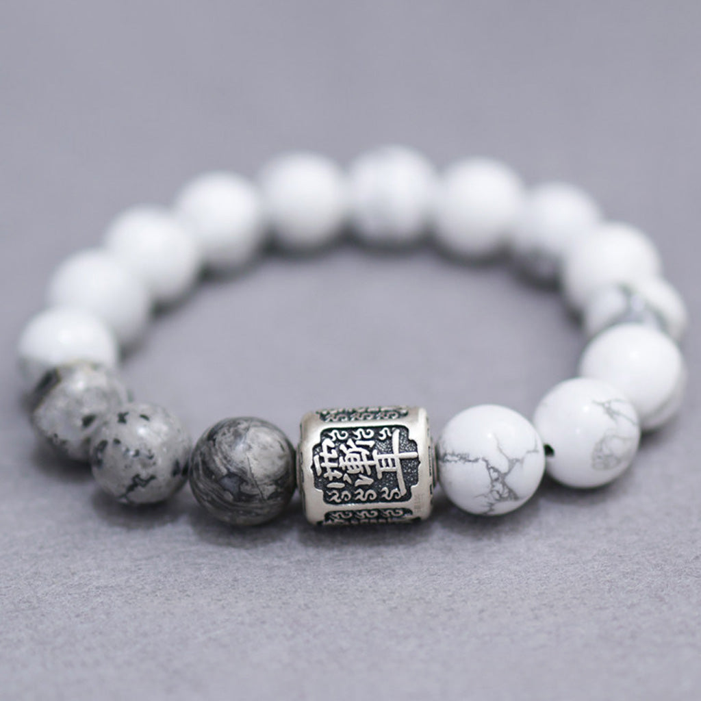 White Turquoise & Map Stone Bracelet with Taoist "Rain Gradual Ear"Beads – Symbol of Protection, Purification & Inner Harmony | Zen Ara Grove