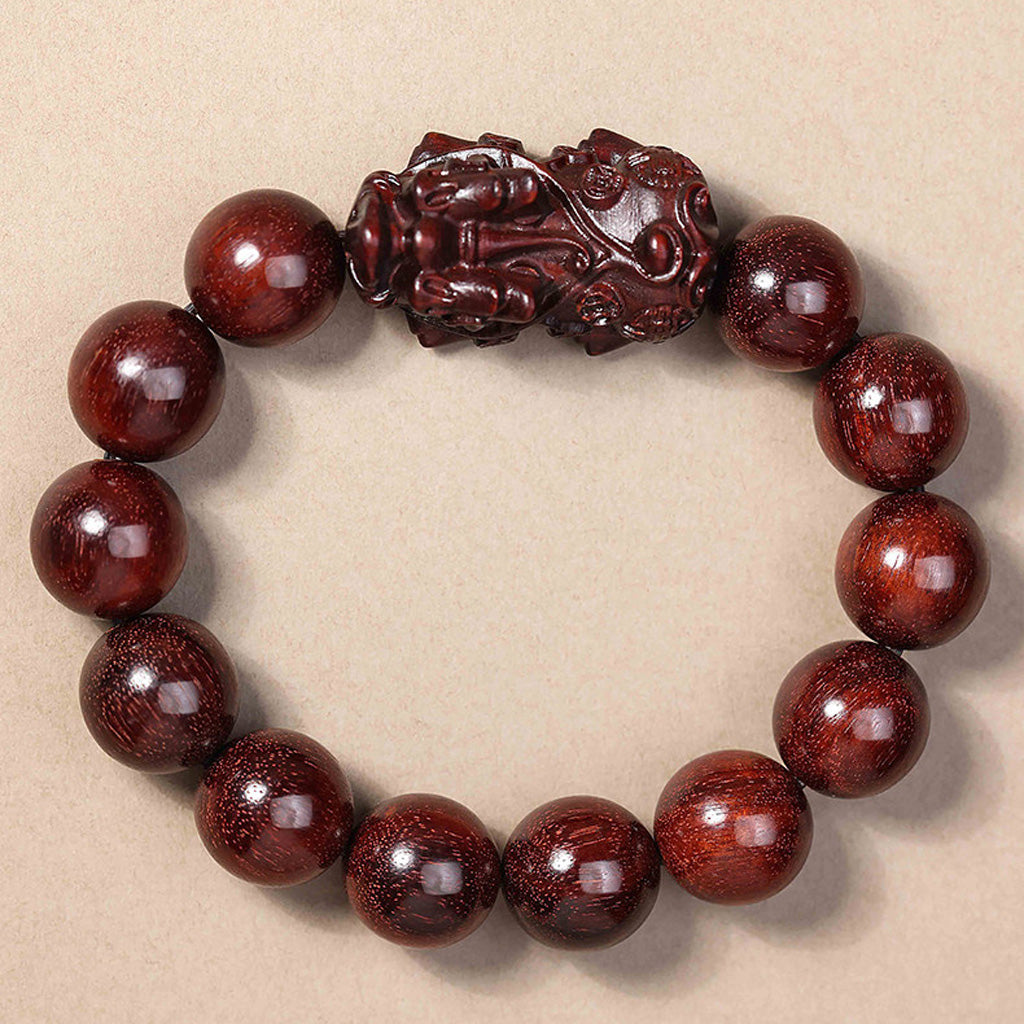 Handcrafted Red Sandalwood Pixiu Beaded Bracelet – Prosperity & Longevity | Zen Ara Grove
