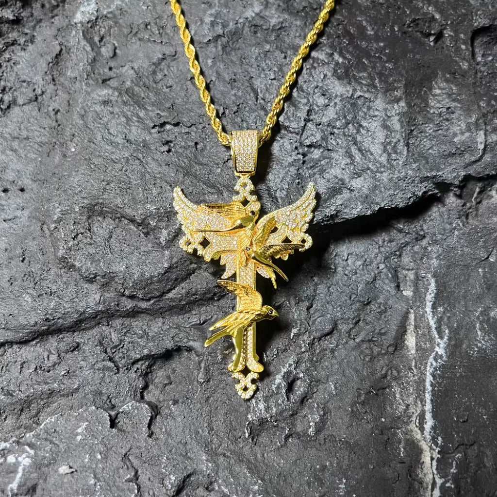 Full Diamond Peace Dove Cross Pendant Necklace – Symbol of Faith and Harmony | Zen Ara Grove