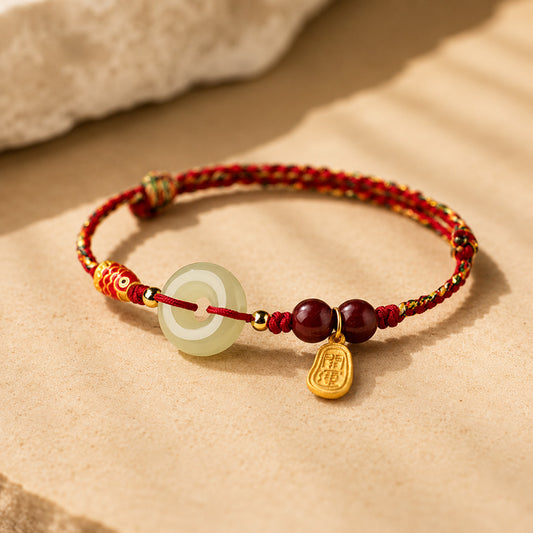Natural Hetian Jade Peace Buckle Bracelet with Cinnabar and Koi Detail — Protection & Prosperity