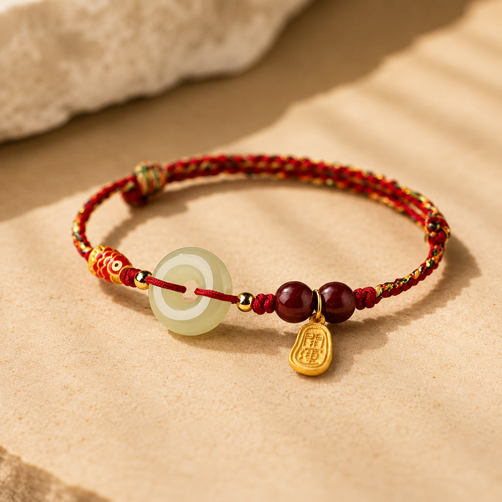 Natural Hetian Jade Peace Buckle Bracelet with Cinnabar and Koi Detail — Protection & Prosperity