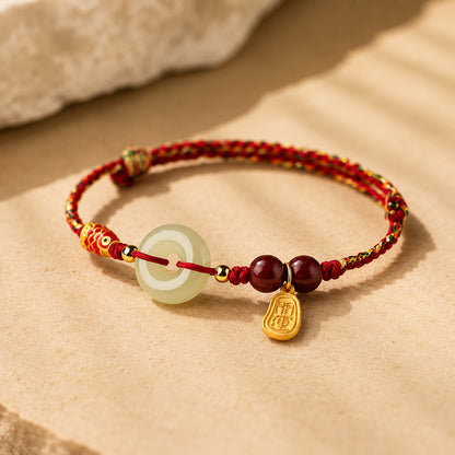 Natural Hetian Jade Peace Buckle Bracelet with Cinnabar and Koi Detail — Protection & Prosperity