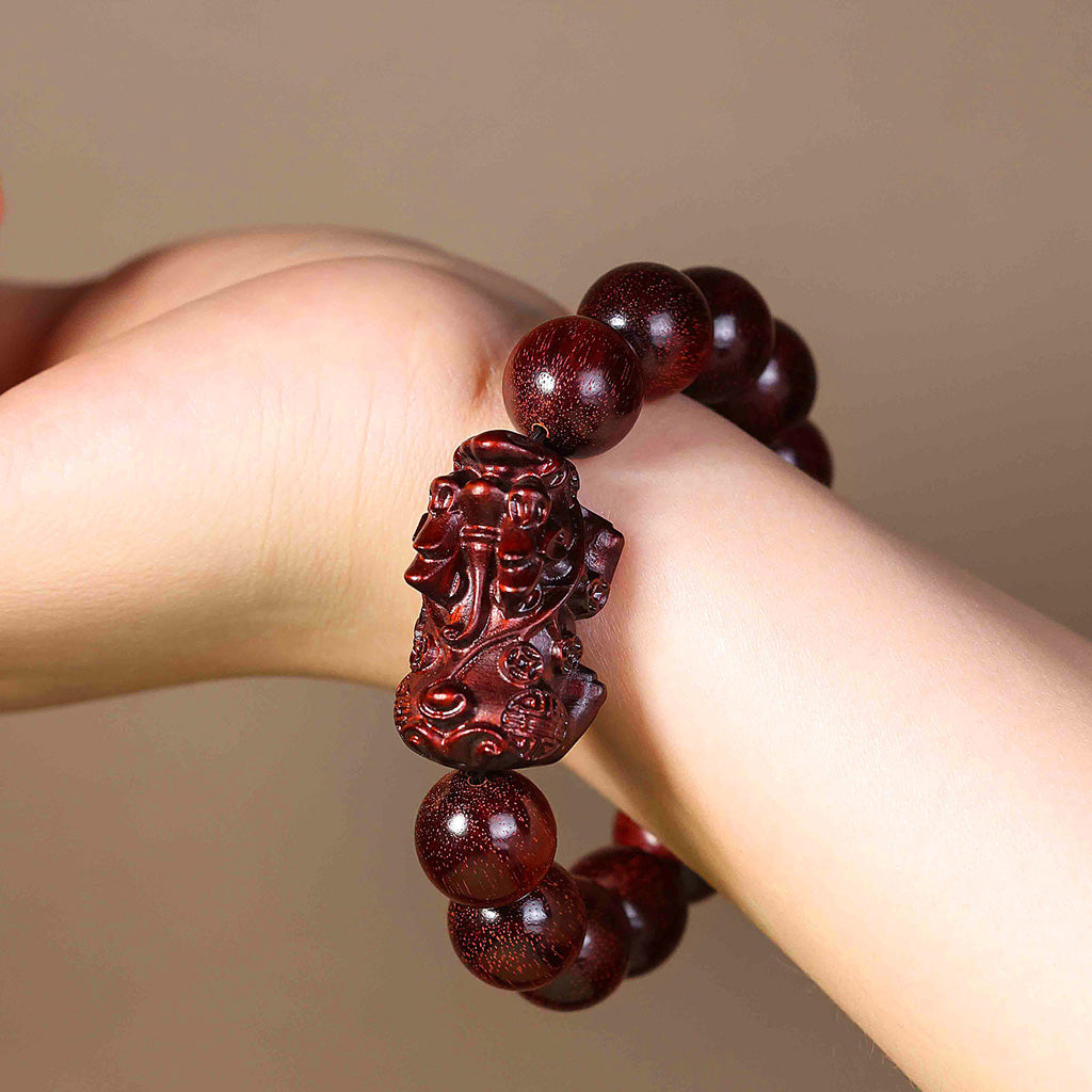 Handcrafted Red Sandalwood Pixiu Beaded Bracelet – Prosperity & Longevity | Zen Ara Grove