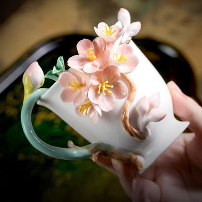 Handcrafted Ceramic Cup with Soft Pink Cherry Blossom – Blooming from the Cup, One of a Kind | Zen Ara Grove