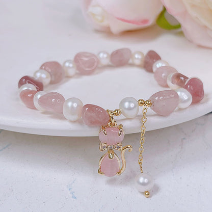 Natural Strawberry Quartz Pearl Cat Positive Bracelet | Zen Ara Grove