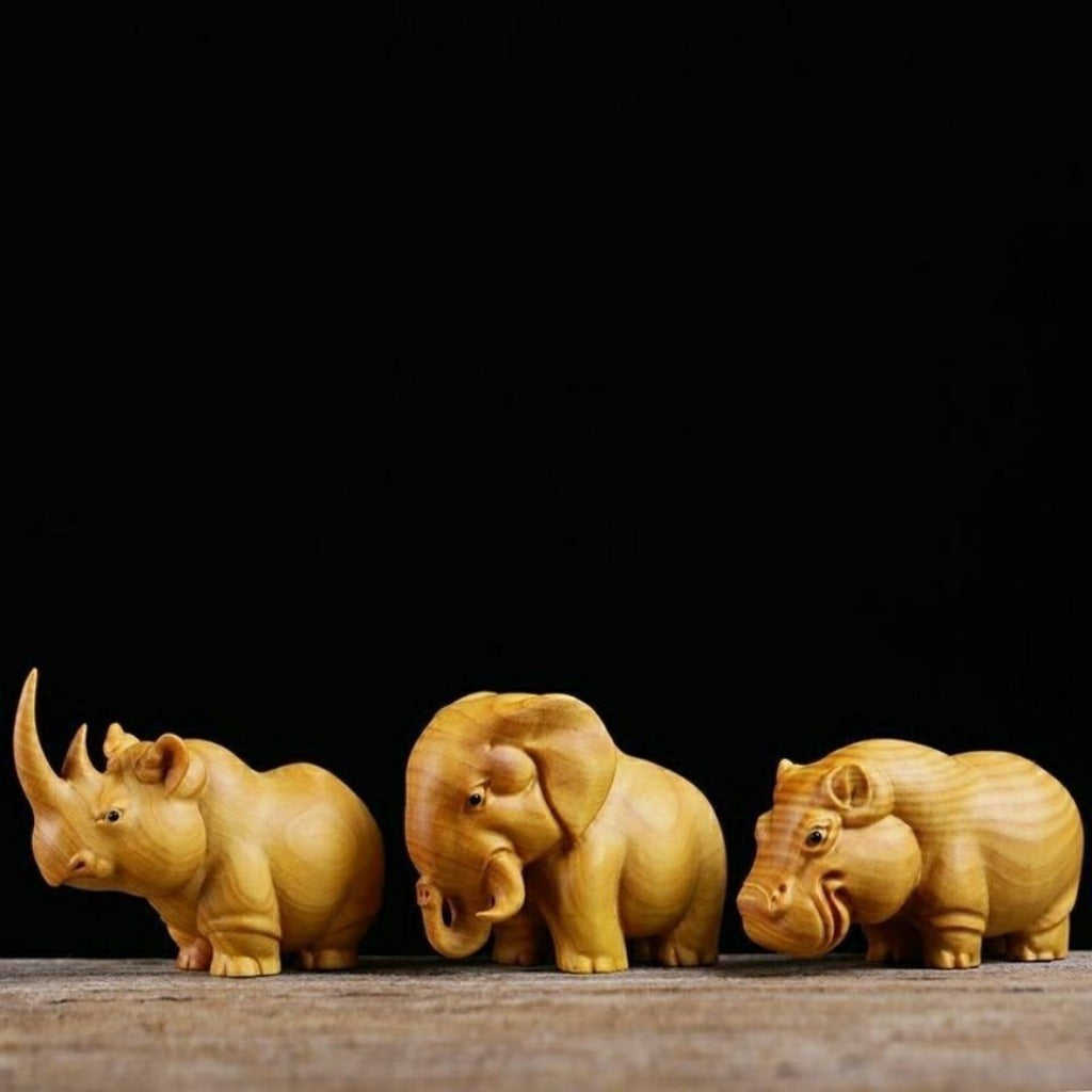 Aromatic Cypress Wildlife Carving Collection – Rhino, Elephant, Hippo Desk Decor | Zen Ara Grove
