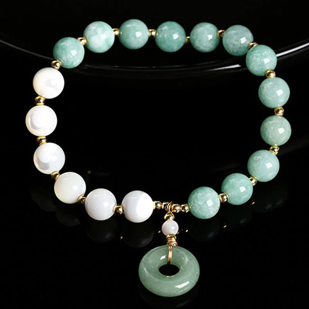 Jade and Natural Trochus Shell Stretch Bracelet with Peace Buckle Charm — Peace & Balance