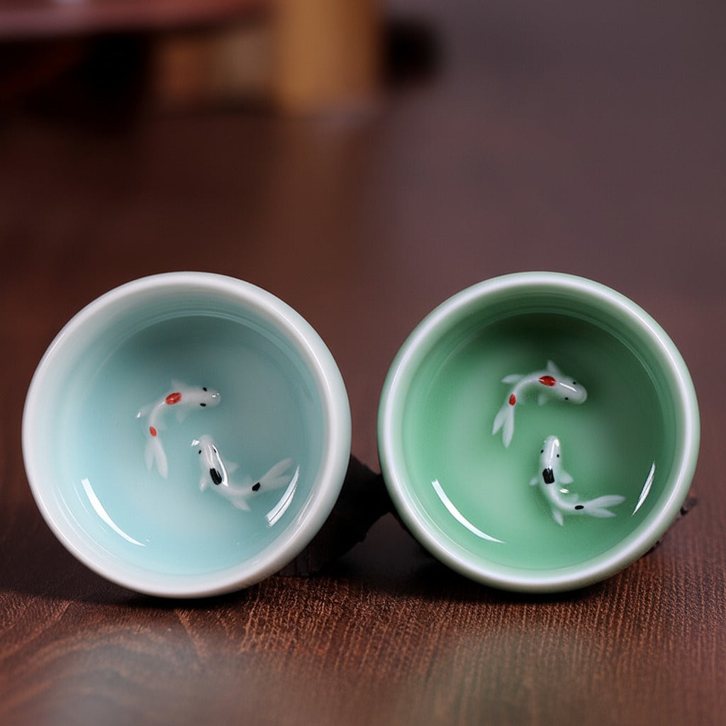 Twin Koi Celadon Crackle Teacup