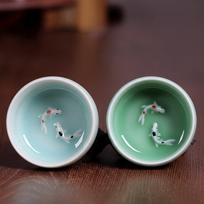 Twin Koi Celadon Crackle Teacup
