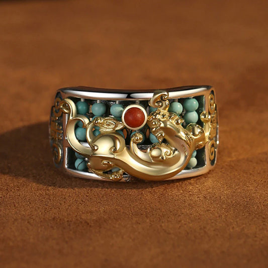 S925 Sterling Silver Adjustable Pixiu Ring with Turquoise & Abacus Motif – Hand-Carved Fortune Jewelry | Zen Ara Grove