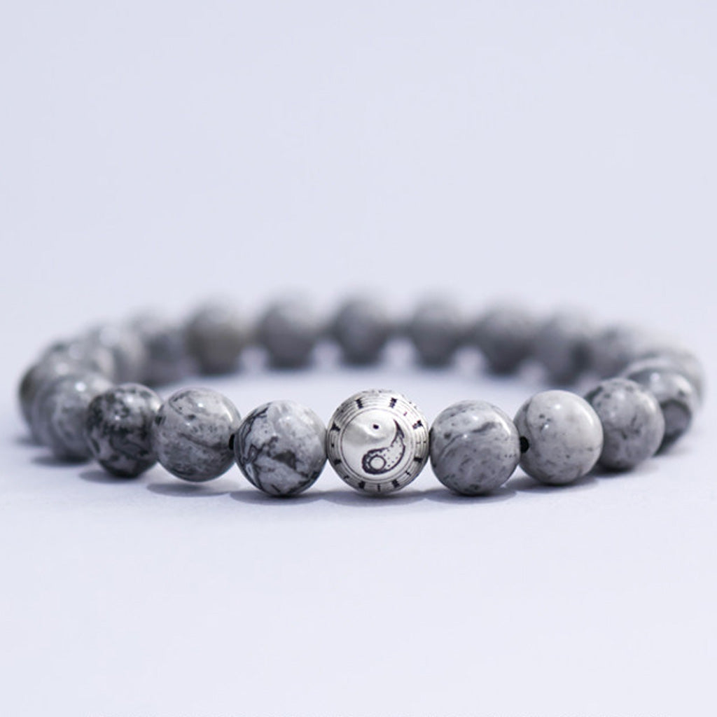 White Turquoise & Map Stone Beaded Bracelet – Yin-Yang Metal Accent, 999 Silver Ba Gua Bead | Zen Ara Grove