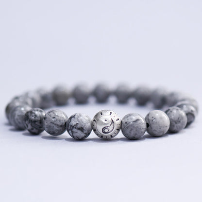 White Turquoise & Map Stone Beaded Bracelet – Yin-Yang Metal Accent, 999 Silver Ba Gua Bead | Zen Ara Grove