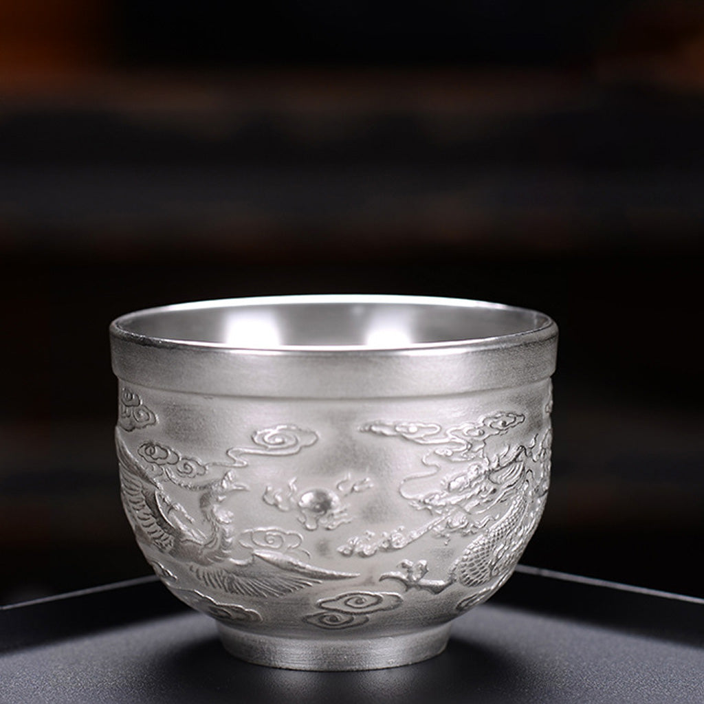 999 Silver Hammered Teacup – Dragon & Phoenix Design – Handcrafted Symbol of Strength and Harmony | Zen Ara Grove