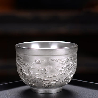 999 Silver Hammered Teacup – Dragon & Phoenix Design – Handcrafted Symbol of Strength and Harmony | Zen Ara Grove