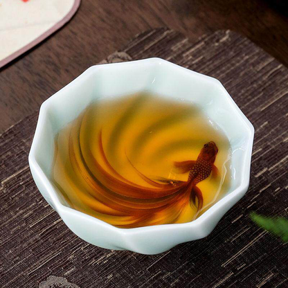 Celadon Porcelain Koi Fish Teacup – Artistic Green Glaze Tea Bowl | Zen Ara Grove