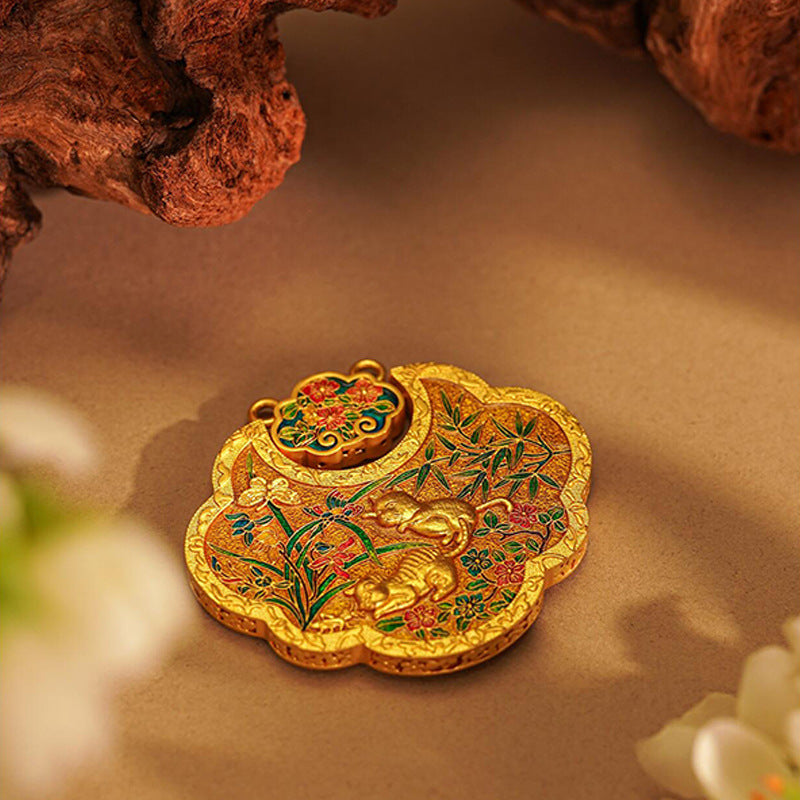 Double-Sided Cloisonné Fortune Lock Pendant in Burnished Gold | Zen Ara Grove