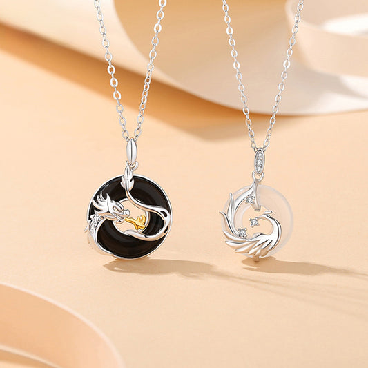 S925 Sterling Silver Black Agate Dragon or White Chalcedony Dragon and Phoenix Necklace