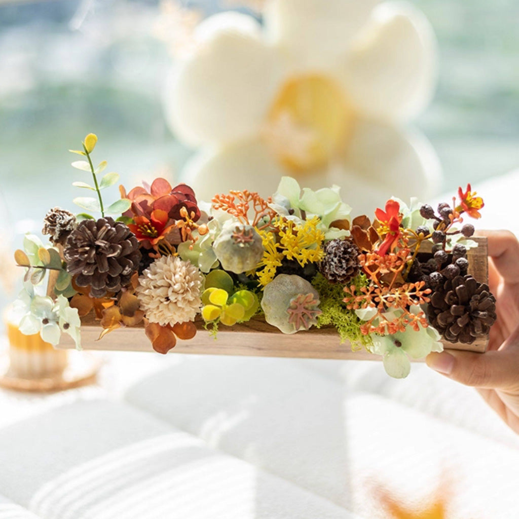 Handmade Silk Blossom Décor with Wooden Planter – Serenity in Bloom | Zen Ara Grove