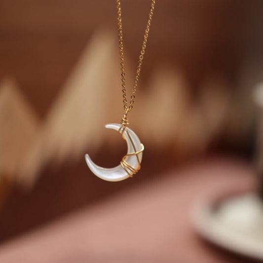 Handmade Wire-Wrapped Moon Pendant – Mother of Pearl Healing Amulet | Zen Ara Grove