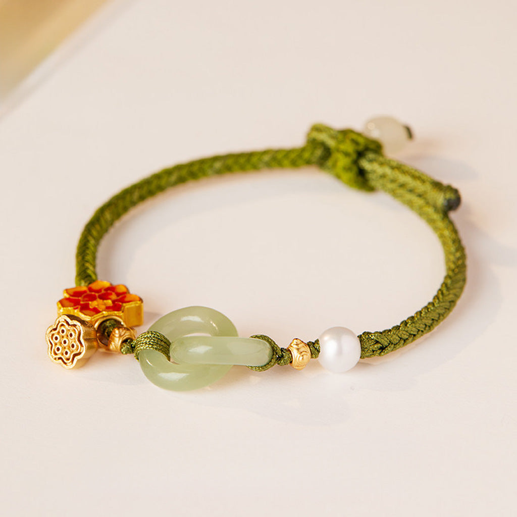 Adjustable Double Hetian Jade Peace Buckle Bracelet with Lotus Charm — Harmony & Protection