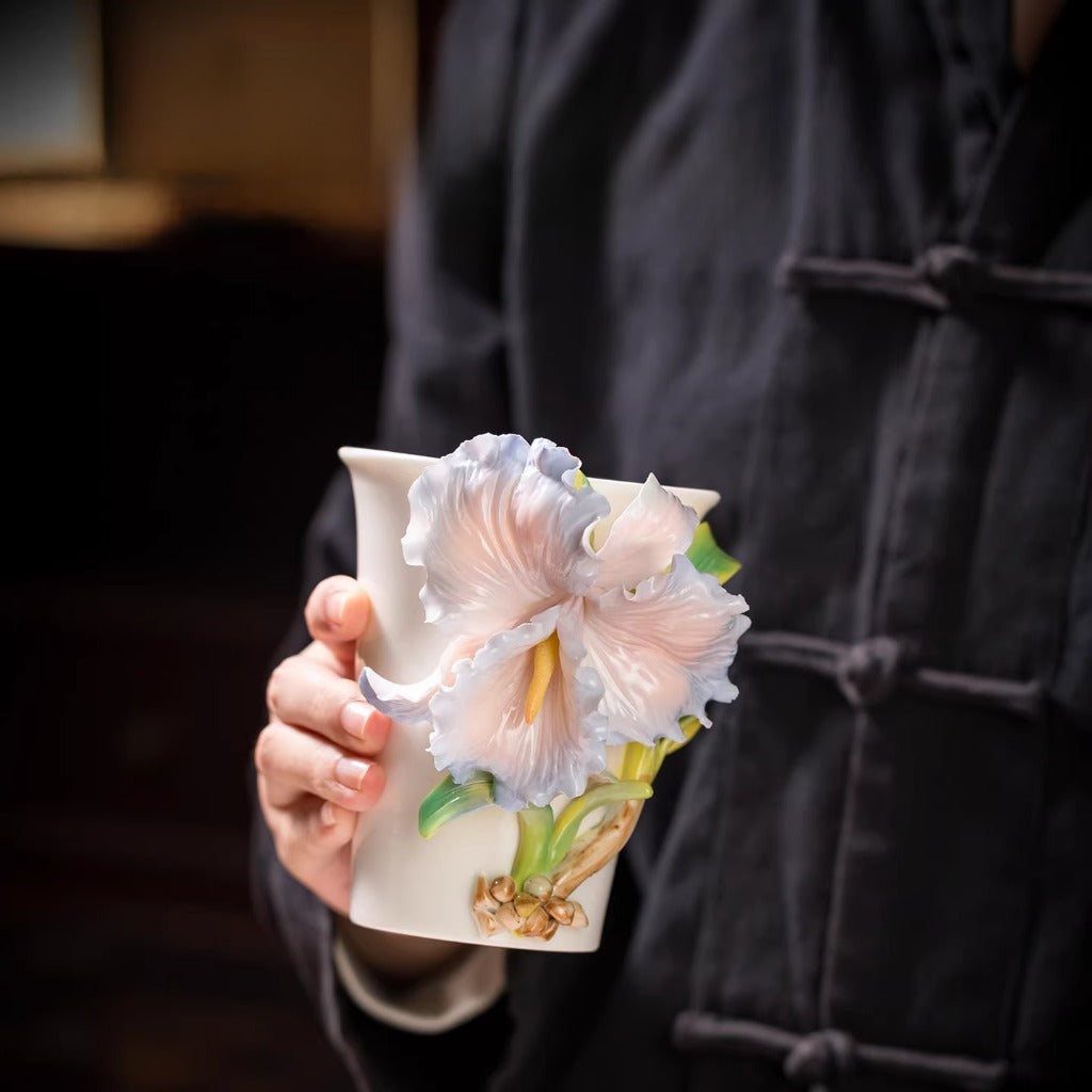 Handcrafted Ceramic Cup with Blue Iris – Blooming from the Cup, One of a Kind | Zen Ara Grove
