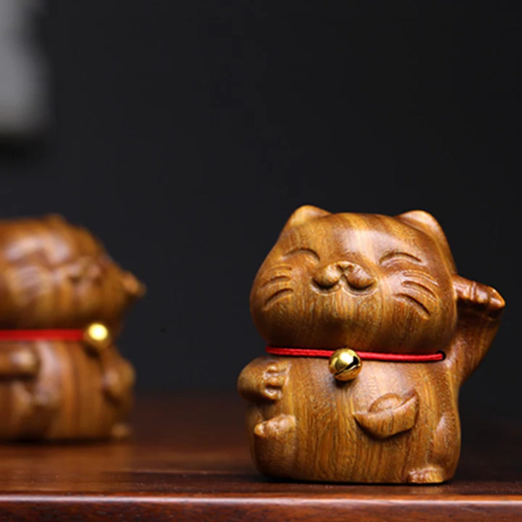 Green Sandalwood Small Mini Cute Lucky Cat Peace Decorations| Zen Ara Grove