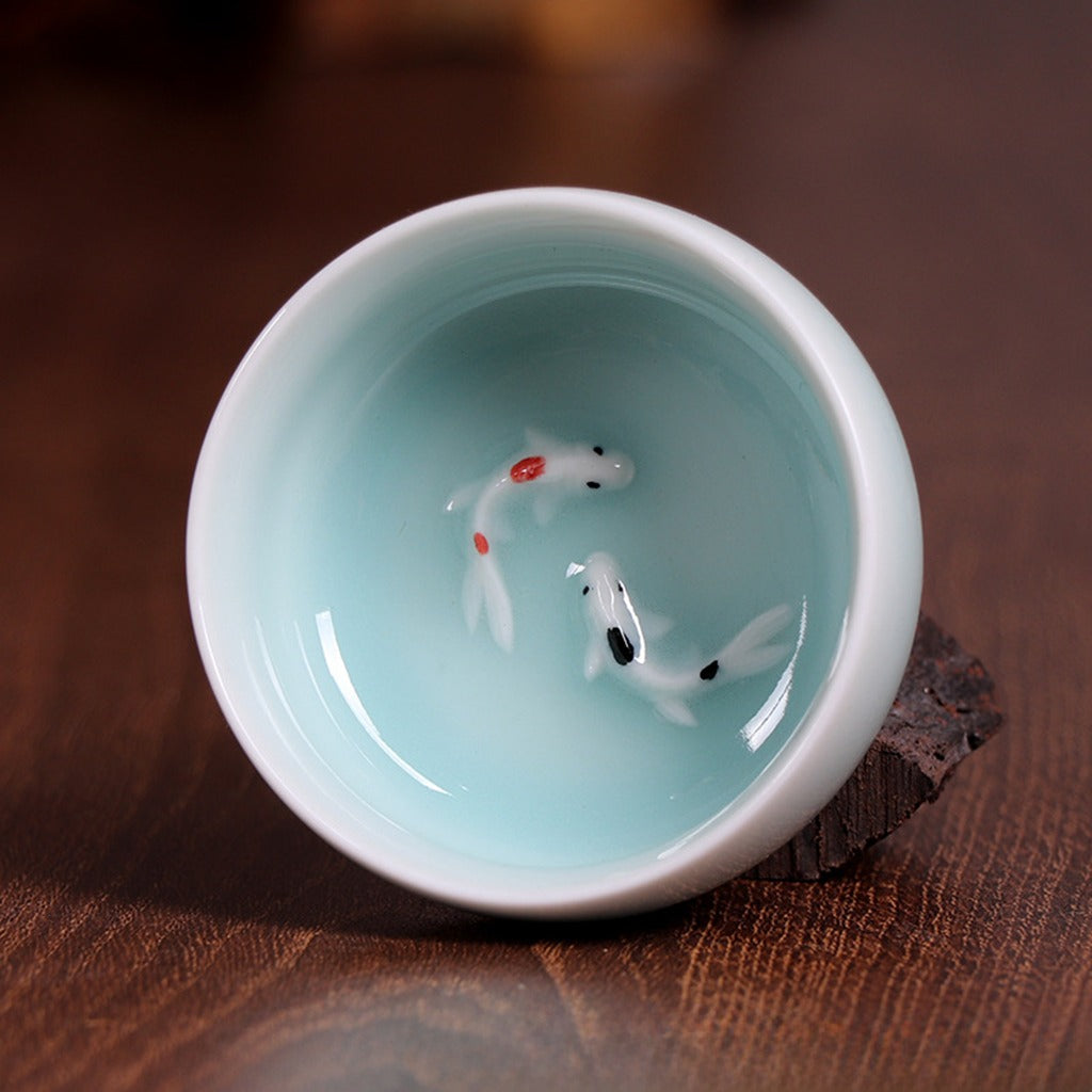 Twin Koi Celadon Crackle Teacup