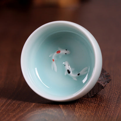 Twin Koi Celadon Crackle Teacup
