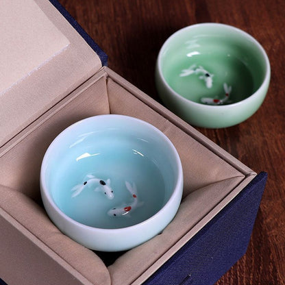 Twin Koi Celadon Crackle Teacup