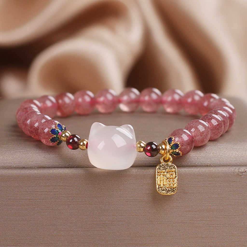 Strawberry Quartz Cat Head Bracelet – Luck & Charm | Zen Ara Grove