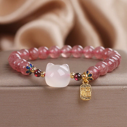 Strawberry Quartz Cat Head Bracelet – Luck & Charm | Zen Ara Grove