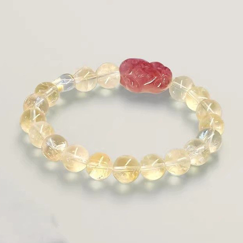 Hand‑Carved Strawberry Quartz Pixiu with Citrine Beads — Meaning of Wealth & Positive Flow | Zen Ara Grove