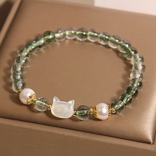 Natural Green Phantom Pearl Shell Cat Head Lucky Bracelet | Zen Ara Grove