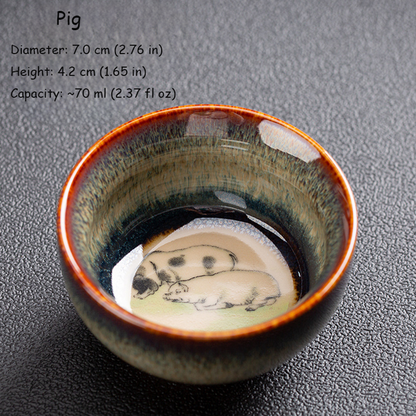 Handcrafted Kiln‑Change Ceramic Teacup with Zodiac Animal Motifs for Good Fortune | Zen Ara Grove