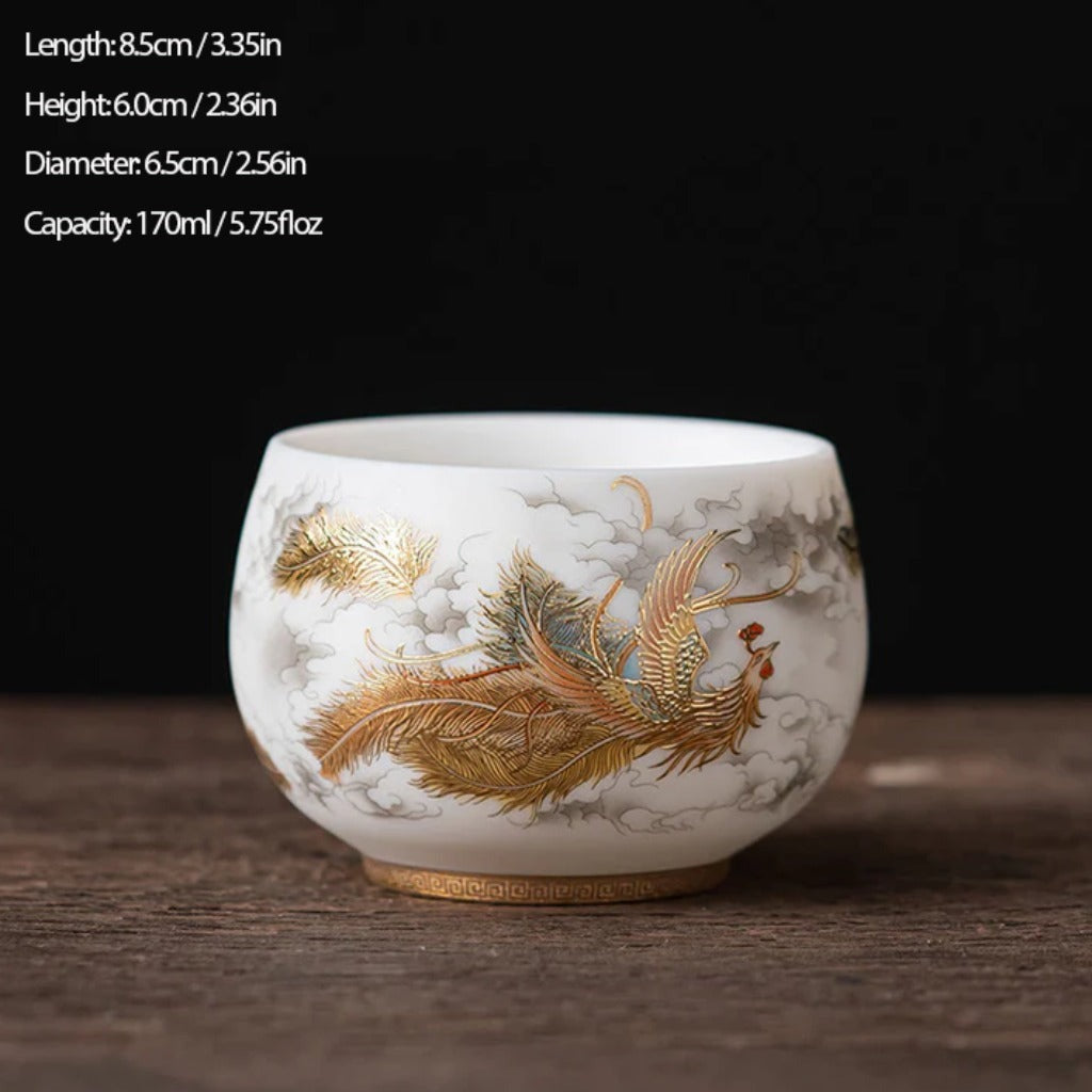 Milky White Porcelain Mug with Dragon and Phoenix Motif – Elegant & Durable | Zen Ara Grove