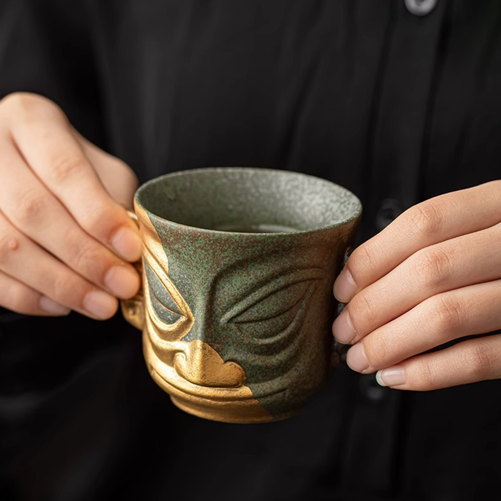 Sanxingdui Gold Mask Ceramic Teacup – Inspired Heritage Drinkware | Zen Ara Grove