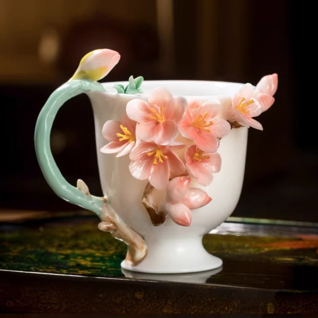 Handcrafted Ceramic Cup with Soft Pink Cherry Blossom – Blooming from the Cup, One of a Kind | Zen Ara Grove