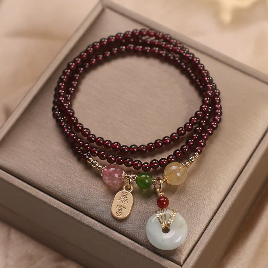 Elegant Garnet & Strawberry Quartz Fox Bracelet – Multi‑Loop Design | Zen Ara Grove
