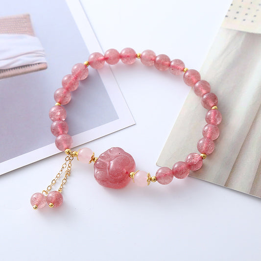 Natural Strawberry Quartz Pink Crystal Lucky Cat Paw Love Bracelet | Zen Ara Grove