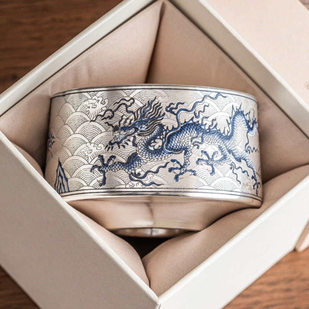 Silver-Gilded Dragon Motif Ceramic Tea Cup – Handcrafted Elegance | Zen Ara Grove