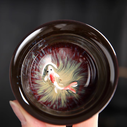 Artisan Porcelain Tea Cup – Unique Kiln-Varied Colors with Koi Design | Zen Ara Grove