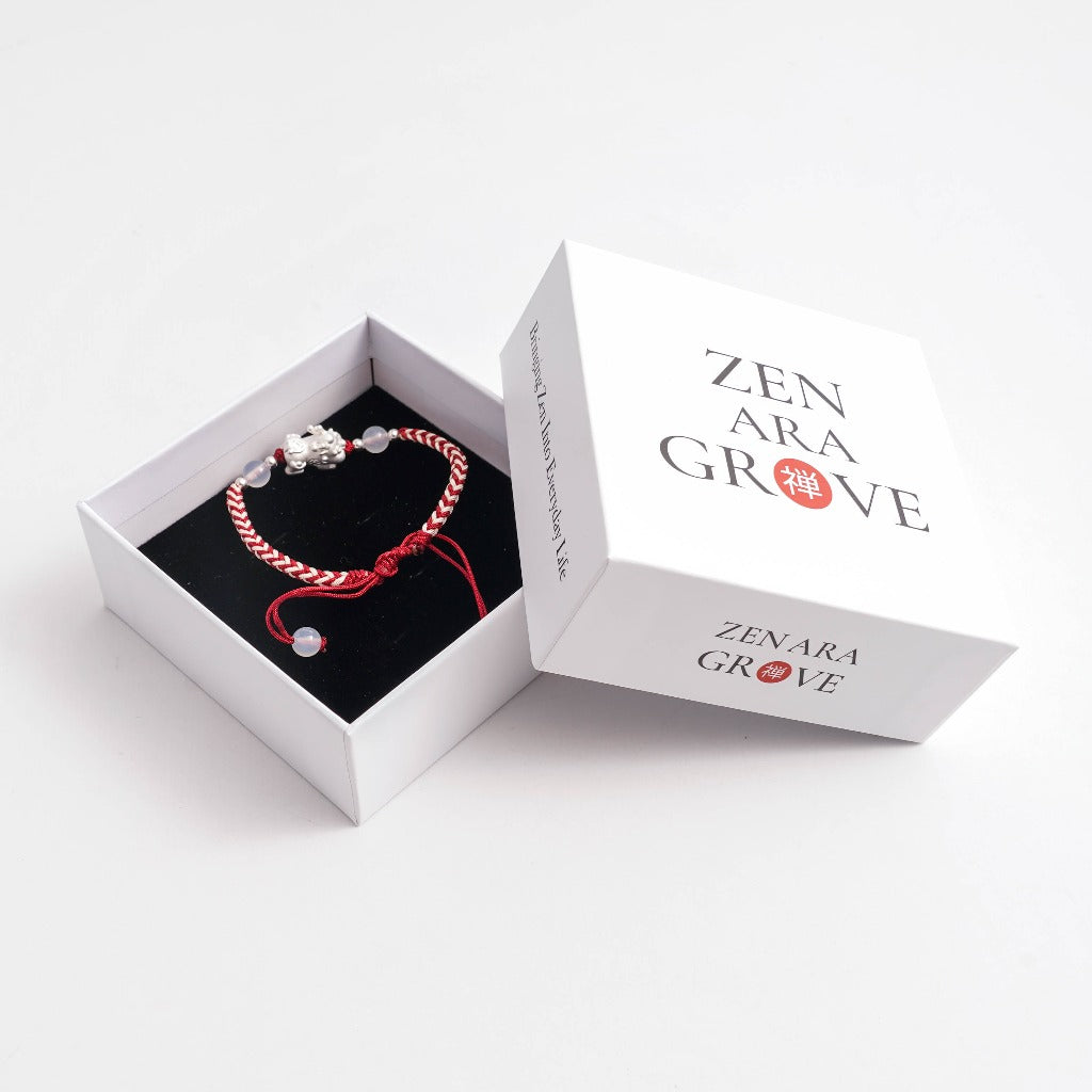 Silver Pixiu Red & White Braided Luck Bracelet | Zen Ara Grove