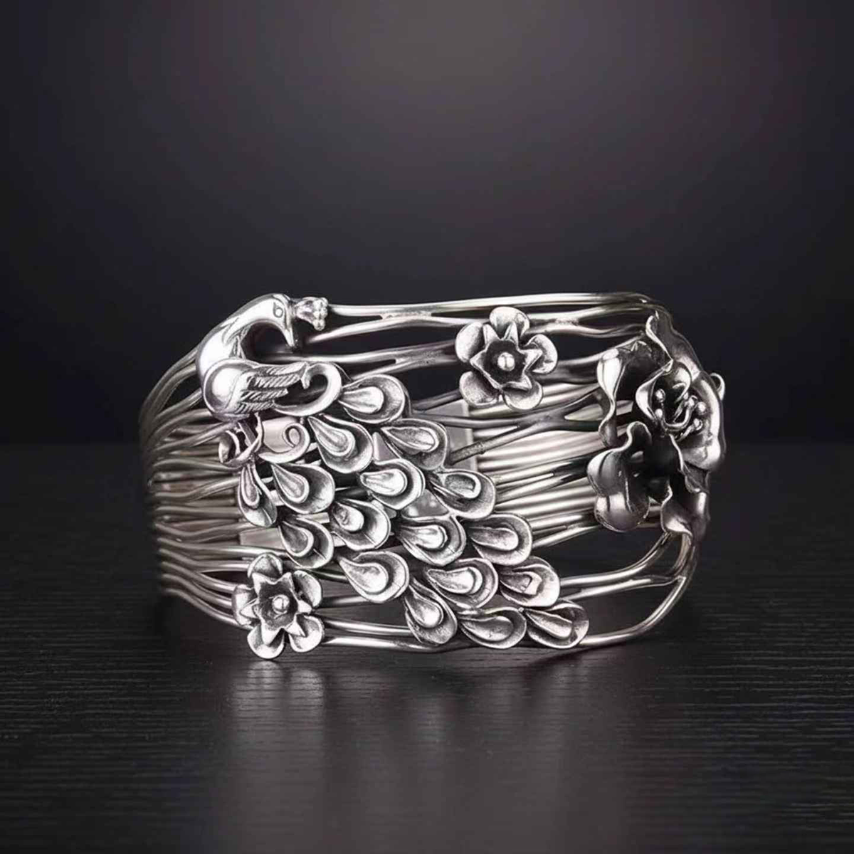 Peacock Hollow Engraved Silver-Plated Cuff Bracelet | Zen Ara Grove