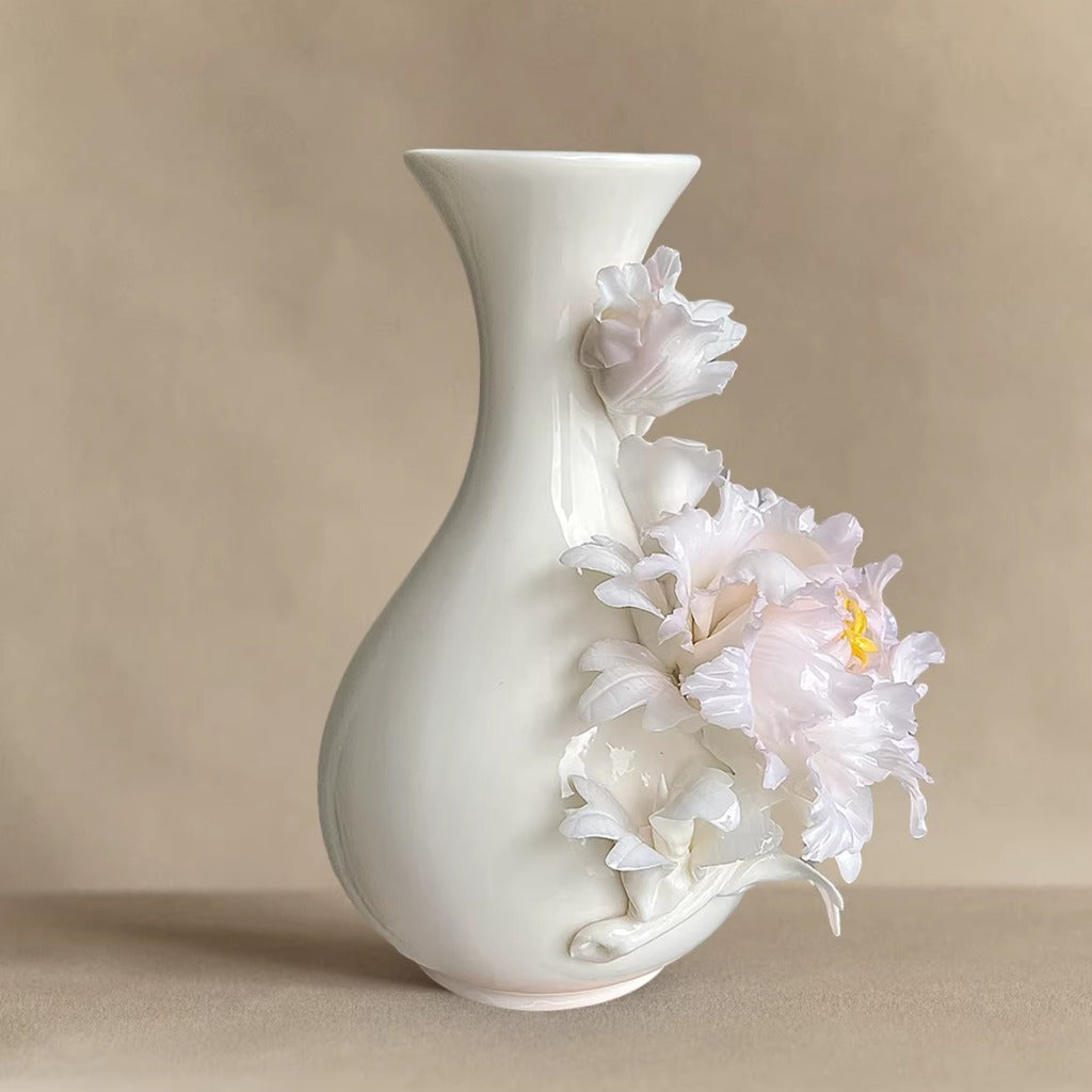 Handcrafted Heritage Ceramic Peony Vase – Blossoms Growing from the Surface | Zen Ara Grove
