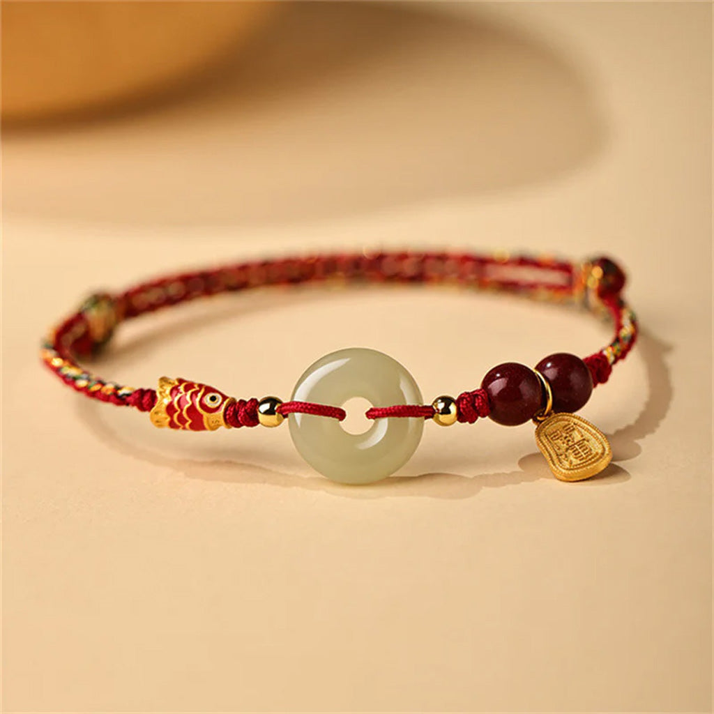 Natural Hetian Jade Peace Buckle Bracelet with Cinnabar and Koi Detail — Protection & Prosperity